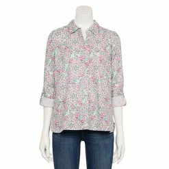 Petite Croft & Barrow® Roll-Tab Sleeve Popover Tunic Navy Medallion