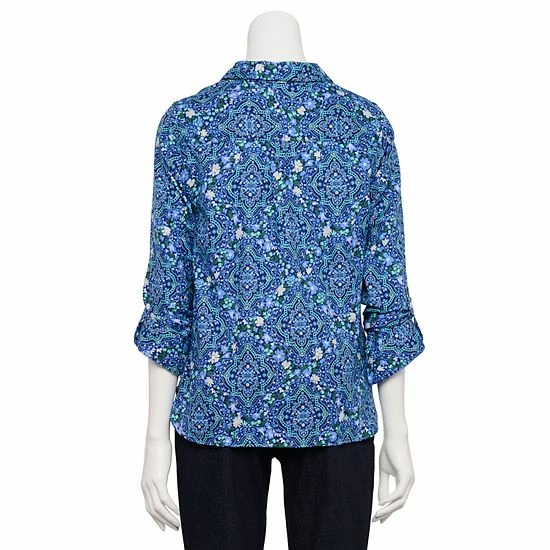 Petite Croft & Barrow® Roll-Tab Sleeve Popover Tunic Navy Medallion - Image 2