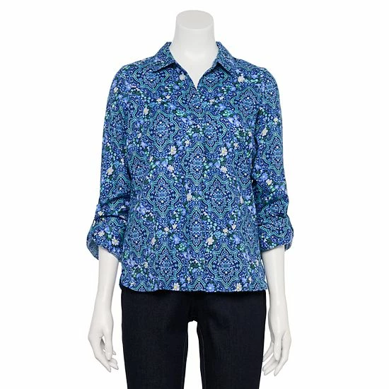 Petite Croft & Barrow® Roll-Tab Sleeve Popover Tunic Navy Medallion - Image 4