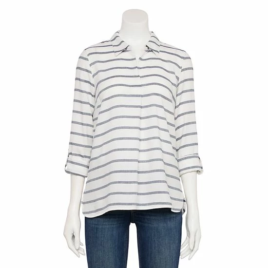 Petite Croft & Barrow® Roll-Tab Sleeve Popover Tunic Navy Medallion - Image 5