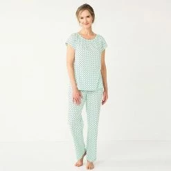 Women's Croft & Barrow® Short Sleeve Pajama Top & Pajama Pants Cotton Sleep Set Mint Navy Dot
