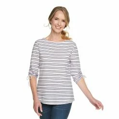Women's Croft & Barrow® Textured-Stripe Ruched Sleeve Boatneck Top Teal Texture Stripe