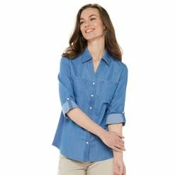 Women's Croft & Barrow® Knit-To-Fit Roll Tab Sleeve Shirt Stripe Pocket Flap