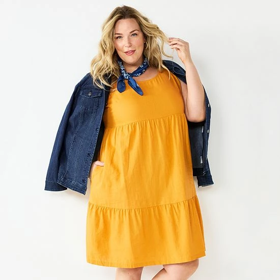 Plus Size Croft & Barrow® Sleeveless Tiered Linen Dress Gold Stripe - Image 4