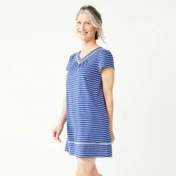 Women's Croft & Barrow® Short Sleeve Cotton Nightgown Navy White Stripe