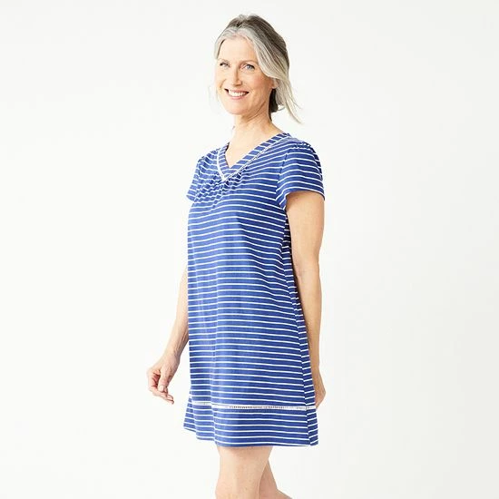 Women's Croft & Barrow® Short Sleeve Cotton Nightgown Navy White Stripe - Image 6