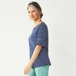 Women's Croft & Barrow® Print Ruffle Sleeve Tee Navy Stripe
