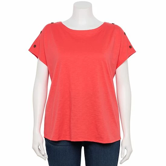 Plus Size Croft & Barrow® Button-Accent Crewneck Tee Coconut White