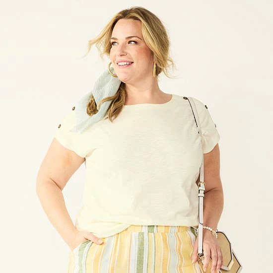 Plus Size Croft & Barrow® Button-Accent Crewneck Tee Coconut White - Image 7