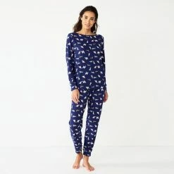 Petite Croft & Barrow® Long Sleeve Pajama Top & Pajama Pants Sleep Set Navy Multi Floral