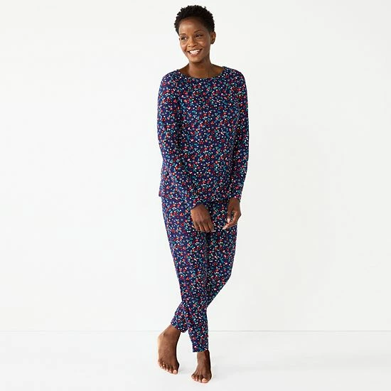 Petite Croft & Barrow® Long Sleeve Pajama Top & Pajama Pants Sleep Set Navy Multi Floral - Image 2