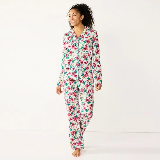 Petite Croft & Barrow® Long Sleeve Pajama Shirt & Pajama Pants Sleep Set Floral Geo - Image 3