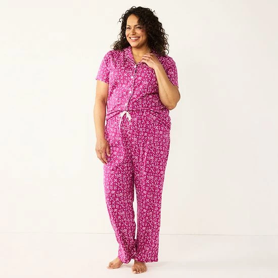 Plus Size Croft & Barrow® Short Sleeve Pajama Shirt & Pajama Pants Sleep Set Gray Heather - Image 3