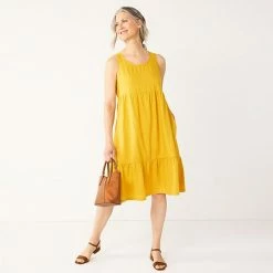 Petite Croft & Barrow® Sleeveless Tiered Linen Dress Spun Gold
