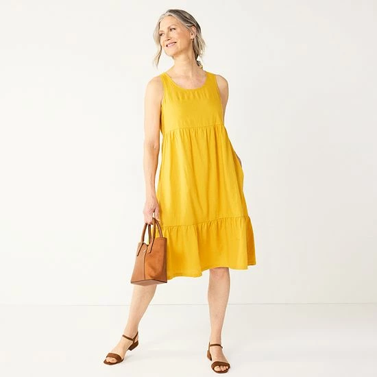Petite Croft & Barrow® Sleeveless Tiered Linen Dress Spun Gold