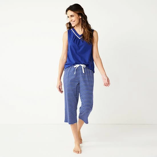 Women's Croft & Barrow® Cotton Pajama Tank & Pajama Capri Pants Sleep Set Navy White Stripe - Image 3