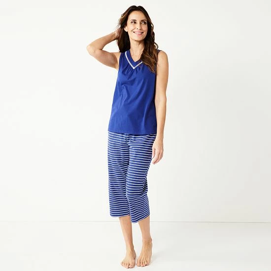 Women's Croft & Barrow® Cotton Pajama Tank & Pajama Capri Pants Sleep Set Navy White Stripe - Image 6