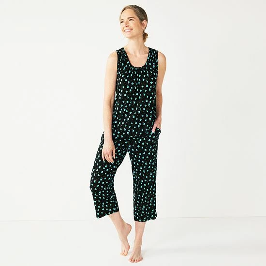 Petite Croft & Barrow® Pajama Tank & Pajama Capri Pants Sleep Set Black Geo