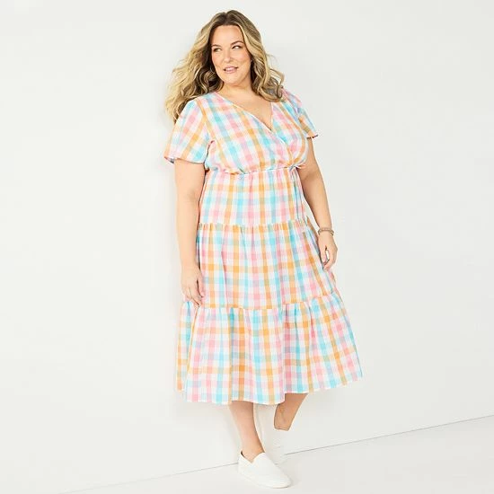 Plus Size Croft & Barrow® Checked Surplice Midi Dress Black Multi Check