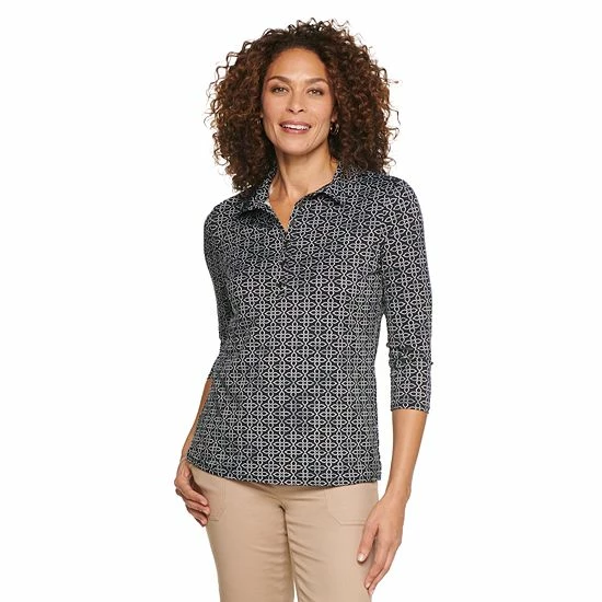Women's Croft & Barrow® Classic Comfort Collection 3/4-Sleeve Polo Black Geo - Image 7