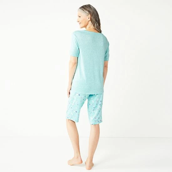 Petite Croft & Barrow® 3-Piece Pajama Top, Pajama Shorts & Pajama Skimmers Sleep Set Navy Green Floral - Image 2
