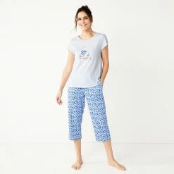 Petite Croft & Barrow® Short Sleeve Pajama Top & Cropped Pajama Pants Sleep Set Navy Bouquet
