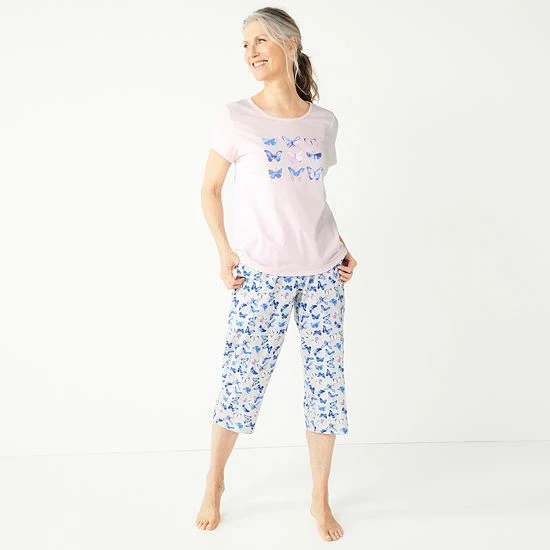 Petite Croft & Barrow® Short Sleeve Pajama Top & Cropped Pajama Pants Sleep Set Navy Bouquet - Image 2