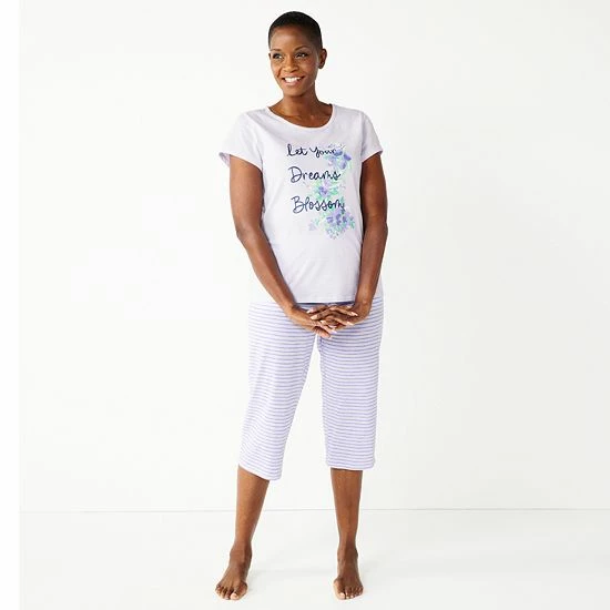 Petite Croft & Barrow® Short Sleeve Pajama Top & Cropped Pajama Pants Sleep Set Navy Bouquet - Image 6