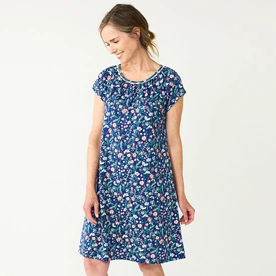 Petite Croft & Barrow® Short Sleeve Cotton Nightgown Navy Floral - Image 2