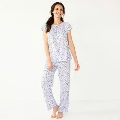 Petite Croft & Barrow® Short Sleeve Pajama Top & Pajama Pants Cotton Sleep Set Lavender Floral