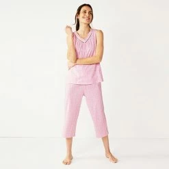 Petite Croft & Barrow® Cotton Pajama Tank & Pajama Capri Pants Sleep Set Pink Checks