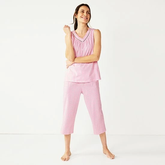 Petite Croft & Barrow® Cotton Pajama Tank & Pajama Capri Pants Sleep Set Pink Checks - Image 3