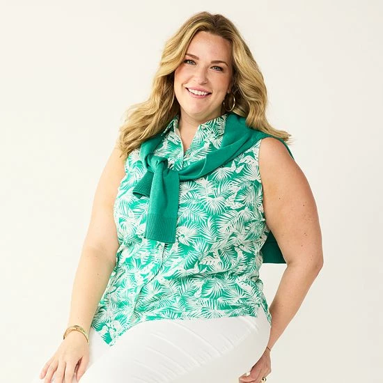 Plus Size Croft & Barrow® Sleeveless Linen Blend Shirt Pineapple Print