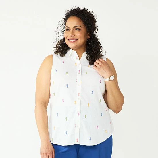 Plus Size Croft & Barrow® Sleeveless Linen Blend Shirt Pineapple Print - Image 4