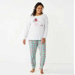 Plus Size Croft & Barrow® Long Sleeve Pajama Top & Pajama Pants Sleep Set Green Red Plaid