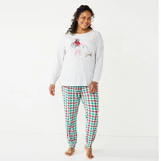 Plus Size Croft & Barrow® Long Sleeve Pajama Top & Pajama Pants Sleep Set Green Red Plaid