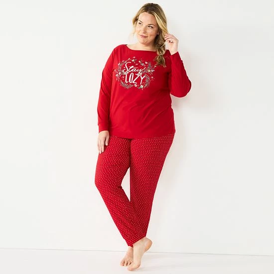 Plus Size Croft & Barrow® Long Sleeve Pajama Top & Pajama Pants Sleep Set Green Red Plaid - Image 7