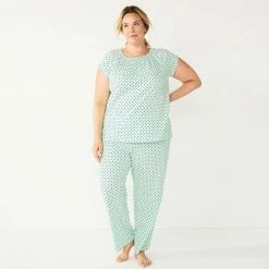 Plus Size Croft & Barrow® Short Sleeve Pajama Top & Pajama Pants Cotton Sleep Set Blue Flowers