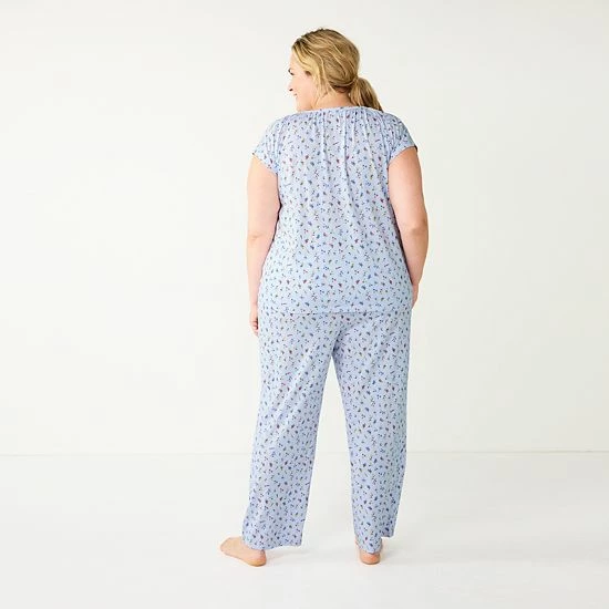 Plus Size Croft & Barrow® Short Sleeve Pajama Top & Pajama Pants Cotton Sleep Set Blue Flowers - Image 2