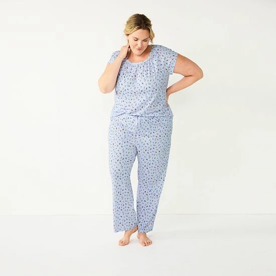 Plus Size Croft & Barrow® Short Sleeve Pajama Top & Pajama Pants Cotton Sleep Set Blue Flowers - Image 3