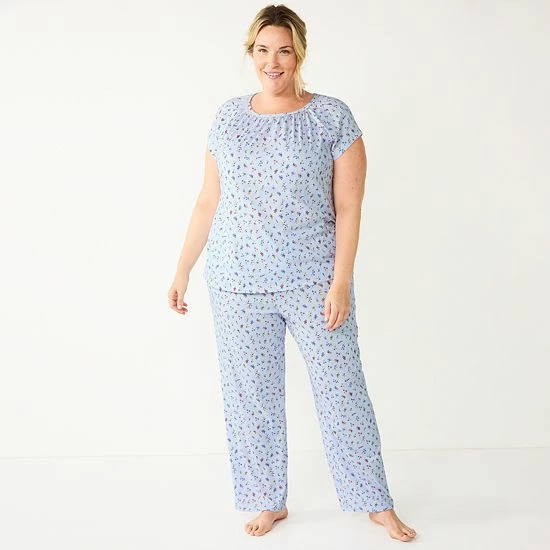 Plus Size Croft & Barrow® Short Sleeve Pajama Top & Pajama Pants Cotton Sleep Set Blue Flowers - Image 4