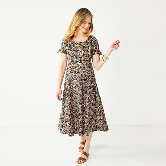 Women's Croft & Barrow® Print Tie-Sleeve Midi Dress Black Folk Medallion - Image 8