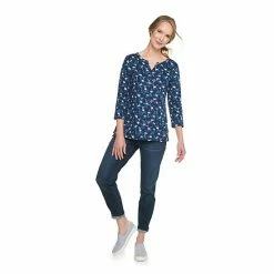 Petite Croft & Barrow® Three Quarter Sleeve Splitneck Top Teal Geo