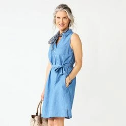 Petite Croft & Barrow® Sleeveless Chambray Belted Shirt Dress