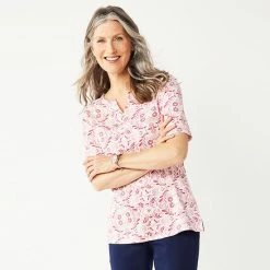 Petite Croft & Barrow® Elbow-Sleeve Splitneck Top Yellow Exploded Floral