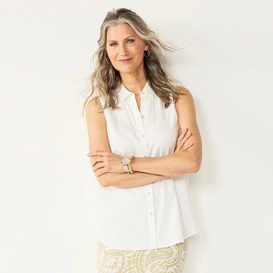Petite Croft & Barrow® Sleeveless Linen Blend Shirt Chambray - Image 4