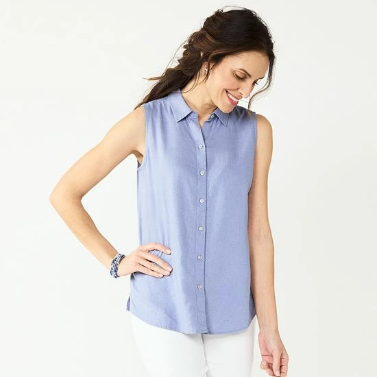 Petite Croft & Barrow® Sleeveless Linen Blend Shirt Chambray - Image 5
