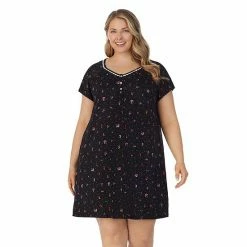 Plus Size Croft & Barrow® Cozy Short Sleeve Smocked Nightgown Black Dotted Ditsy Flo