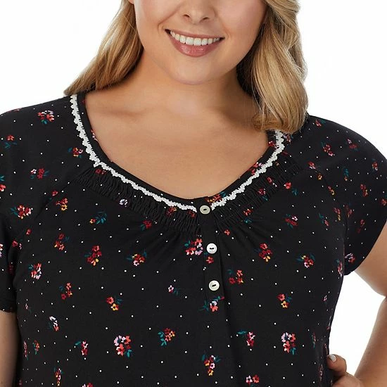 Plus Size Croft & Barrow® Cozy Short Sleeve Smocked Nightgown Black Dotted Ditsy Flo 4 Plus Size Croft & Barrow® Cozy Short Sleeve Smocked Nightgown Black Dotted Ditsy Flo - Image 4