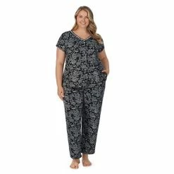 Plus Size Croft & Barrow® Cozy Short Sleeve Button-Front Pajama Top & Pajama Pants Sleep Set Black Toile
